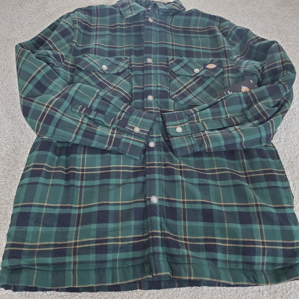 Dickies Flannel Shirt Jacket Men's Medium Green Plaid Sherpa Lined NWTGS